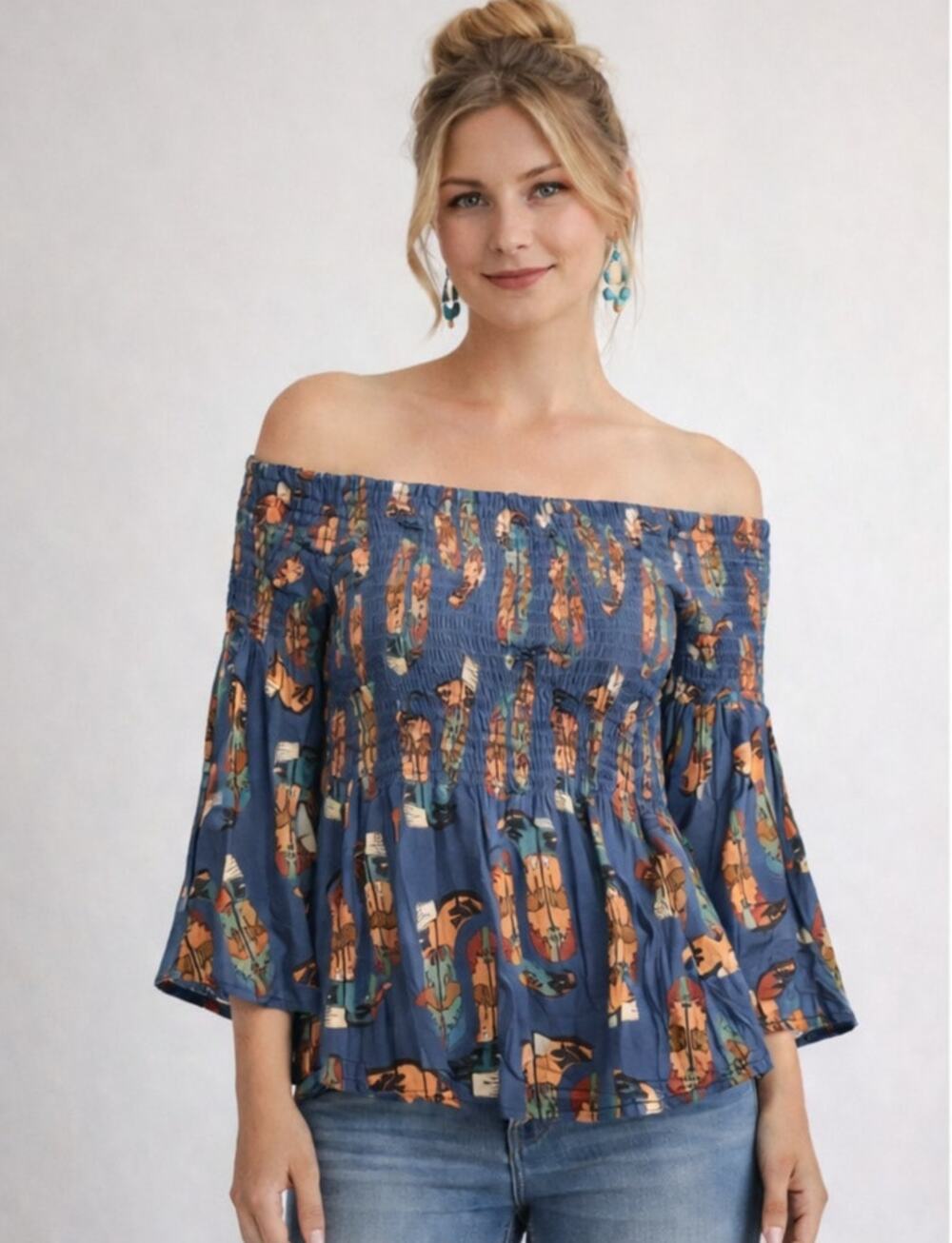 Rockin C Western Boot Smocked Peasant Bell Sleeve Top M